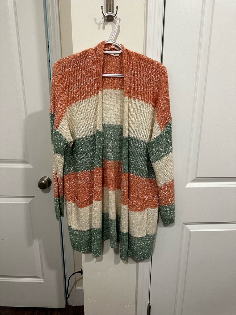 Open-Front Striped Cardigan Sweater in Pink, Cream, & Green